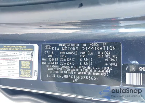 2017 Kia Sedona Lx z USA, uszkodzony, nr VIN KNDMB5C16H6265656